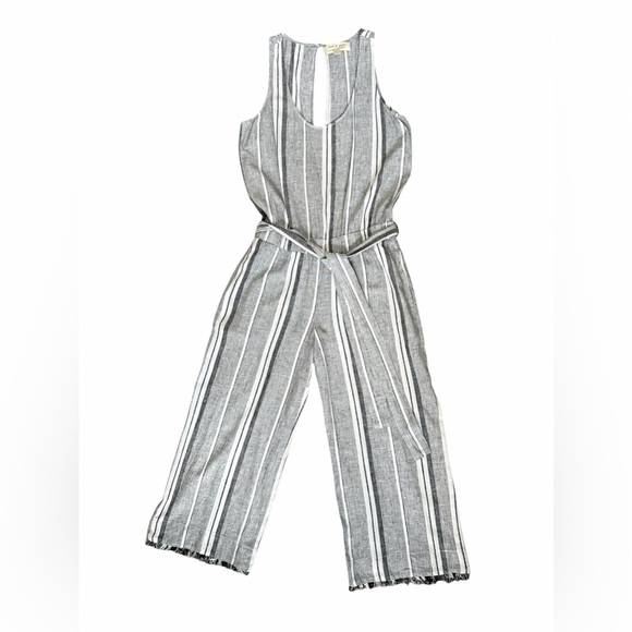 Cloth & Stone Linen Blend Striped Jumpsuit Size S Gray White Cropped Wide Leg - Picture 2 of 13